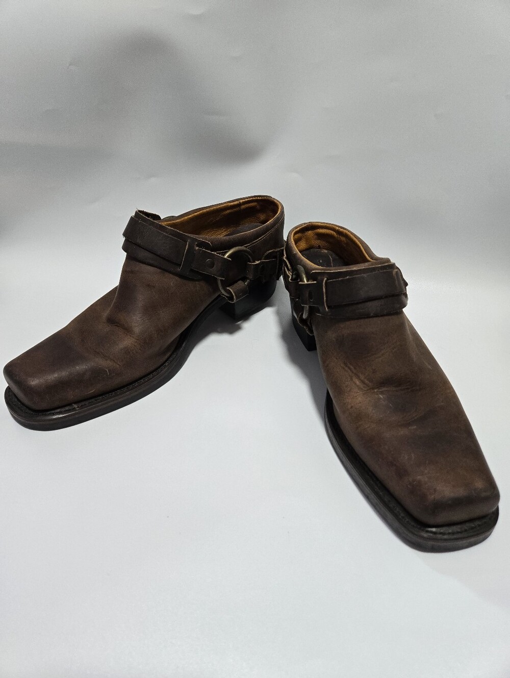 Frye Harness Mule Boots Women Size 9.5 Distressed Brown Leather 70760 Western